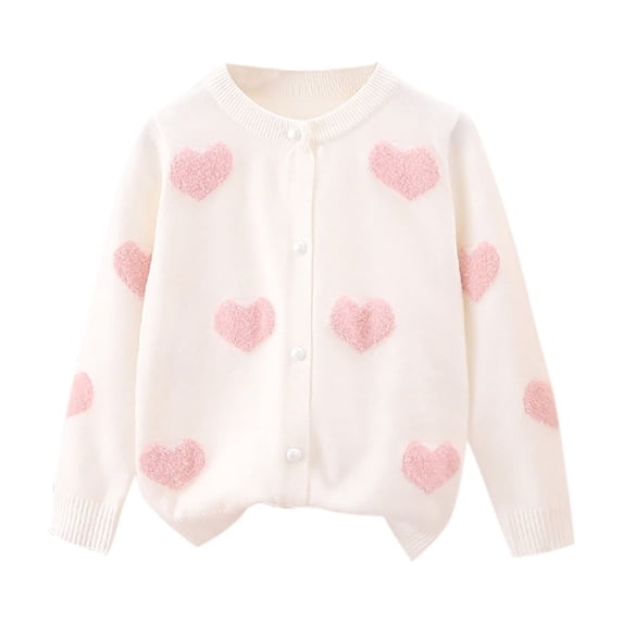 Zwiiyzr Winter Sweaters for Kids Toddler Girls Heart Knit Cardigan Button Coat Outwear Thick Warm Sweaters 3-9 Years White