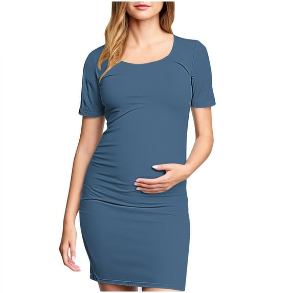 Zwiiyzr 2025 Women's Maternity Dress Solid Color Slim Short Sleeve Tank Dresses Scoop Neck Pregnancy Bodycon Dress for Casual Wear Navy