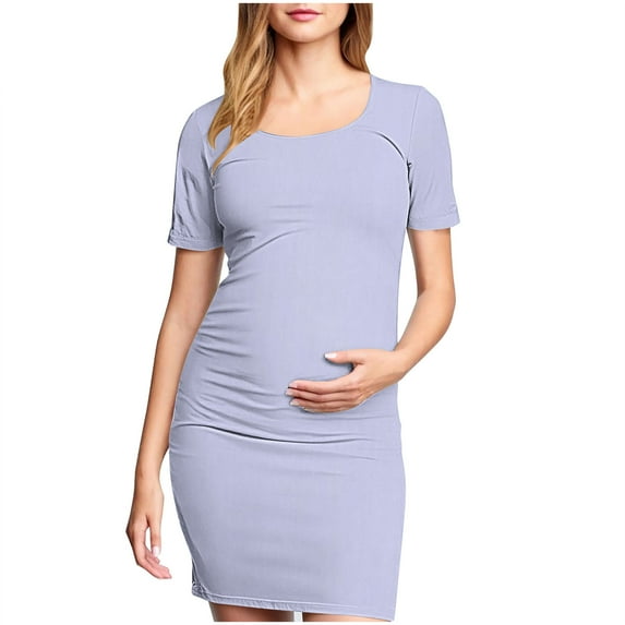 Zwiiyzr 2025 Women's Maternity Dress Solid Color Slim Short Sleeve Tank Dresses Scoop Neck Pregnancy Bodycon Dress for Casual Wear Purple