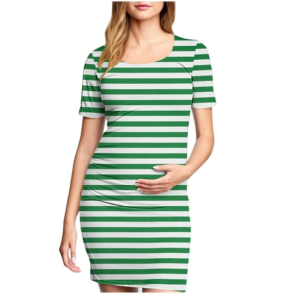 Zwiiyzr 2025 Women's Maternity Dress Striped Slim Short Sleeve Tank Dresses Scoop Neck Pregnancy Bodycon Dress for Casual Wear Green