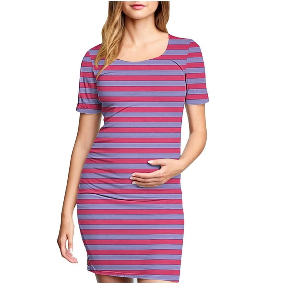 Zwiiyzr 2025 Women's Maternity Dress Striped Slim Short Sleeve Tank Dresses Scoop Neck Pregnancy Bodycon Dress for Casual Wear Hot Pink