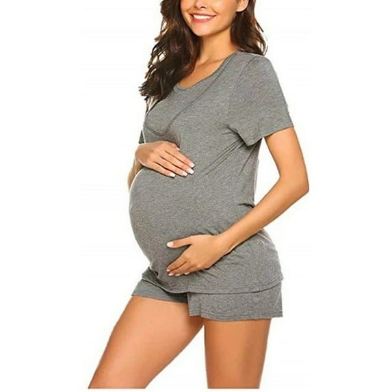 Zwiiyzr 2024 Women's Maternity Nursing Pajama Sets Short Sleeve Pregnancy Pj Set Breastfeeding Sleepwear Set for Hospital Gray-M