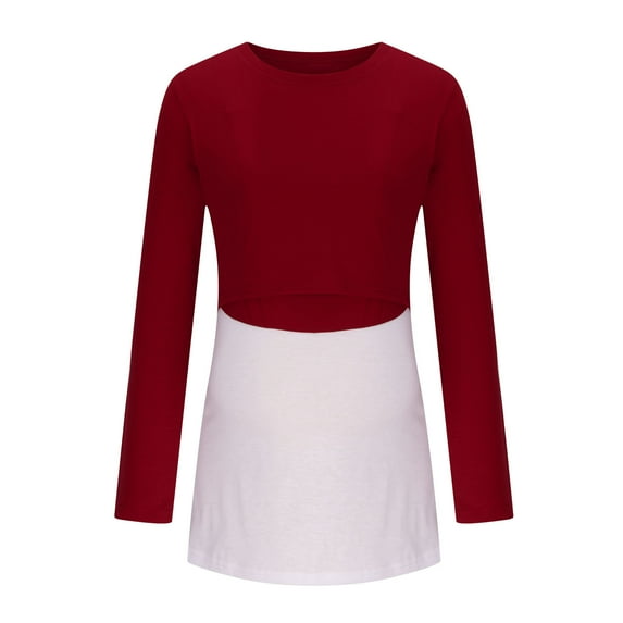 Zwiiyzr 2024 Women's Maternity Top Shirts Round Neck Trendy Solid Color Print Long Sleeve Pregnant Breastfeeding Casual Top Claret-S