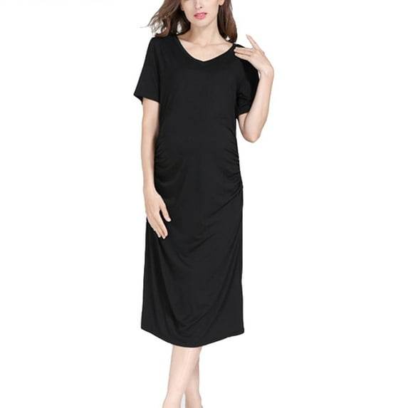 Zwiiyzr 2025 Women's Solid Color & Floral Side Ruch Maternity Dress/Short Sleeve Bodycon Dress Baby Shower Daily Wear Black-L