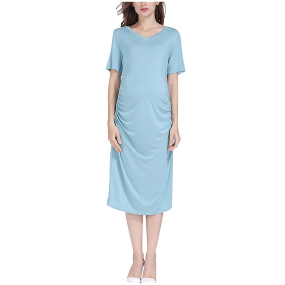 Zwiiyzr 2024 Women's Solid Color & Floral Side Ruch Maternity Dress/Short Sleeve Bodycon Dress Baby Shower Daily Wear Blue-M