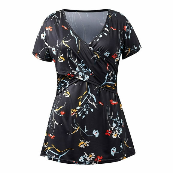 Zwiiyzr Women's Summer Tops Maternity Clothes Flower Print V Neck Short Sleeve Nursing Tops Tunic Blouses Breastfeeding Black