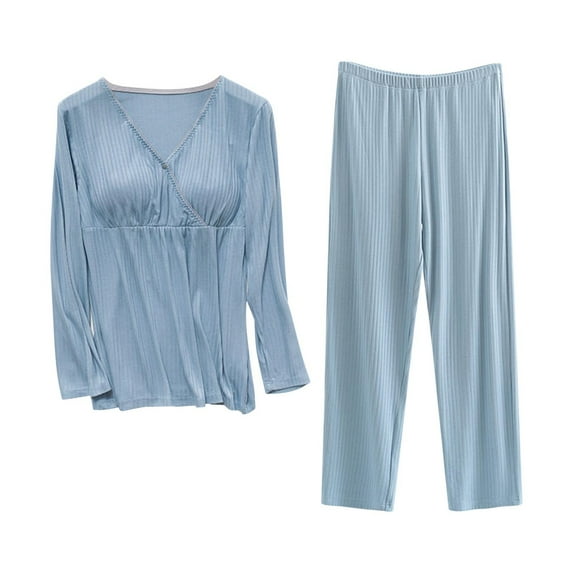 Zwiiyzr Womens 2 Piece Outfits Sets Fall Breastfeeding Shirts Nursing Tops Pregnant Solid Color Round Neck Long Sleeve Blouse Pants Postpartum Mommy Maternity Clothes Loungewear Blue