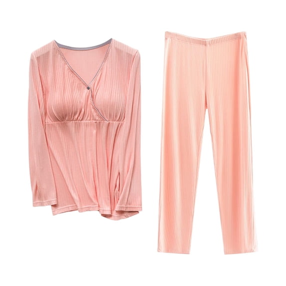 Zwiiyzr Womens 2 Piece Outfits Sets Fall Breastfeeding Shirts Nursing Tops Pregnant Solid Color Round Neck Long Sleeve Blouse Pants Postpartum Mommy Maternity Clothes Loungewear Pink