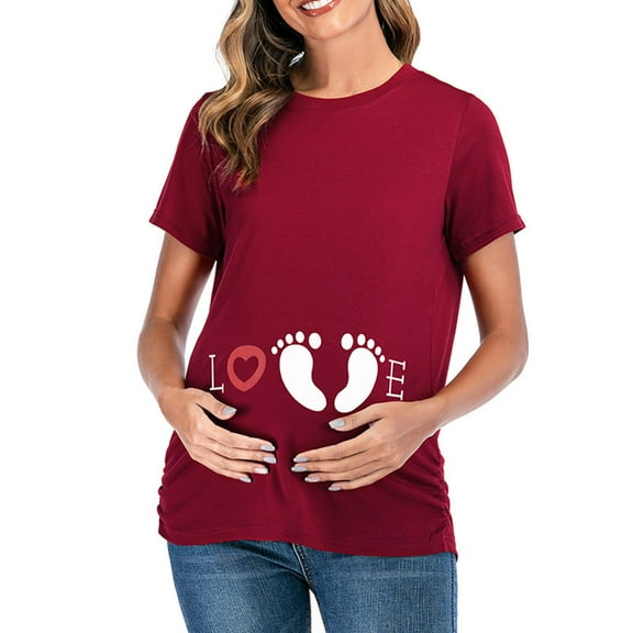 Zwiiyzr Womens Summer Tops Maternity Shirts Round Neck Ladies Trendy Solid Color Print Short Sleeve Pregnant Casual Tops Burgundy