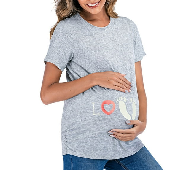 Zwiiyzr Womens Summer Tops Maternity Shirts Round Neck Ladies Trendy Solid Color Print Short Sleeve Pregnant Casual Tops Gray
