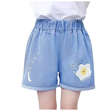 Zwiiyzr 3-14 Years Girls Cute Denim Shorts Spring and Summer Cute Print Pocket Elastic Waist Comfy Shorts Jeans Light Blue