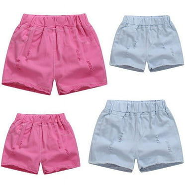 Zwiiyzr 3-14Y Kids Girls Jean Shorts Cute Solid Color Loose Elastic Waist Stretchy Denim Shorts with Pocket for Spring and Summer Light Blue
