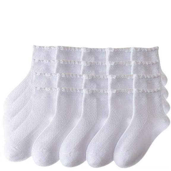 Zwiiyzr 3-14Years 10 Pairs Ruffle Socks for Girls Kids Cute Solid Color Breathable School Uniform Crew Socks White