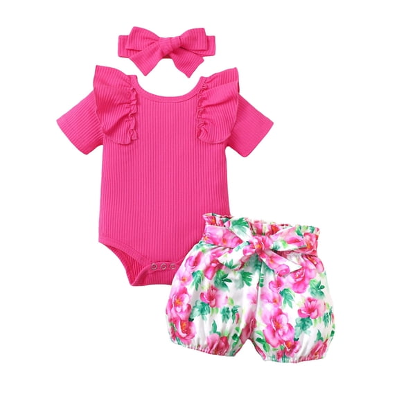 Zwiiyzr 3-24M Newborn Baby Girl Infant Outfits Ruffle Short Sleeve Romper Floral Shorts with Headband Toddler Girl Clothes Hot Pink