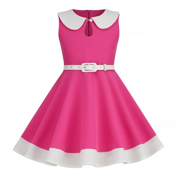 Zwiiyzr 3-8 Years Girls 1950S Vintage Dresses Summer Doll Collar Retro Solid Color Patchwork Sleeveless Dress Hot Pink