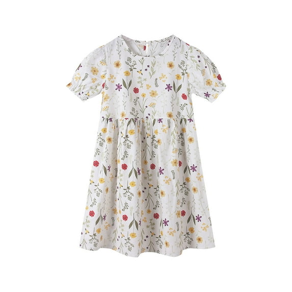 Zwiiyzr 3-8Y Girls' Summer Floral Dress Kids 2024 Short Sleeve Crew Neck Flowy Sun Dresses White