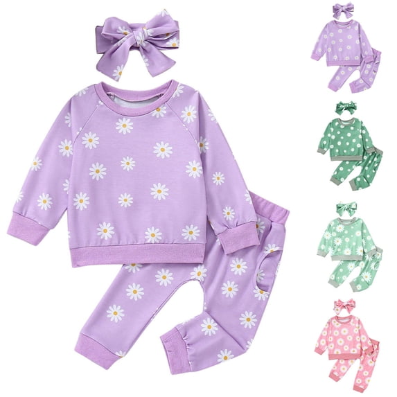 Zwiiyzr 3-9Y Toddler Baby Girl Clothes Outfits Pajama Set Print Long Sleeve Sweatshirt Pants Headband 3Pcs Clothes Set Pink
