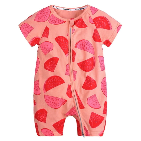 Zwiiyzr 3M-3T Baby Boy Girl's Summer Short Sleeve Rompers Infant Cotton Overalls Toddler Zip Front Outfits Baby Clothes Watermelon Red
