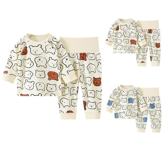 Zwiiyzr 3M-3Y Baby Clothes Girls and Boys' Casual Pajamas Set Long Sleeve Tops Round Neck Botton Printed Long Pants Lounge Sets Brown