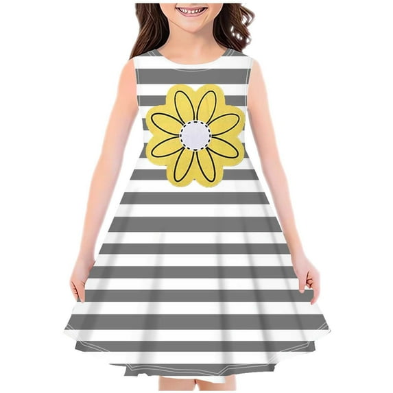 Zwiiyzr 4-14Y Little Girls Daisy Summer Dress Striped Sleeveless Swing Sundress Kids Casual Floral A-Line Dress Gray