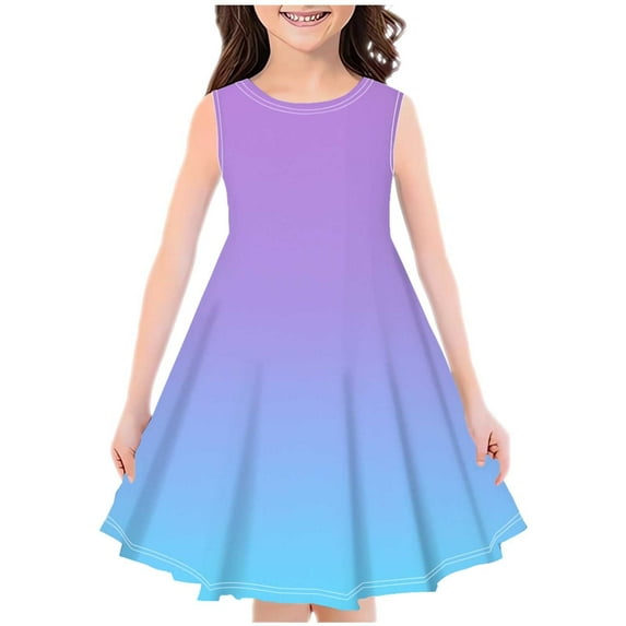 Zwiiyzr 4-14Y Little Girls Summer Dress Round Neck Sleeveless Swing Sundress Kids Casual Floral A-Line Dress Light Blue