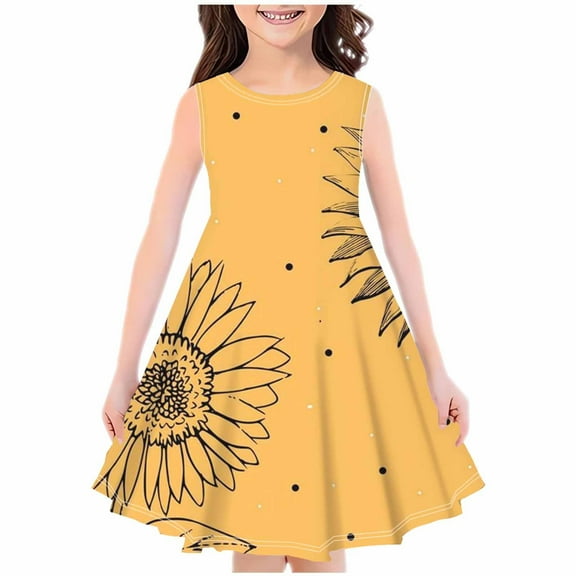 Zwiiyzr 4-14Y Little Girls Summer Dress Round Neck Sleeveless Swing Sundress Kids Casual Floral A-Line Dress Yellow