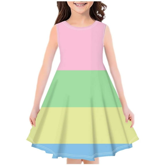 Zwiiyzr 4-14Y Little Girls Summer Dress Sleeveless Color Block Swing Sundress Kids Casual Floral A-Line Dress Pink