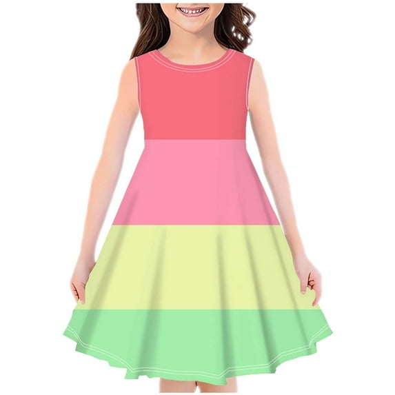 Zwiiyzr 4-14Y Little Girls Summer Dress Sleeveless Color Block Swing Sundress Kids Casual Floral A-Line Dress Red