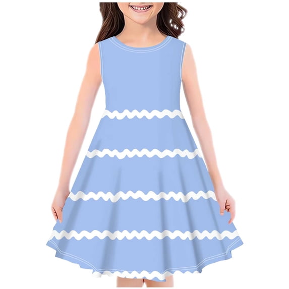 Zwiiyzr 4-14Y Little Girls Summer Dress Striped Sleeveless Swing Sundress Kids Casual Floral A-Line Dress Light Blue