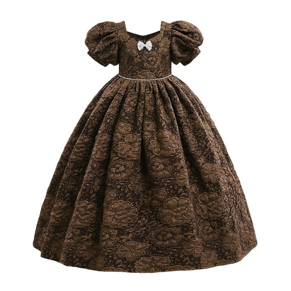 Zwiiyzr 5-12Years Girls Princess Birthday Party Prompuff Sleeve Flower Bow Ruffles Birthday Party Gown Long Dresses Coffee