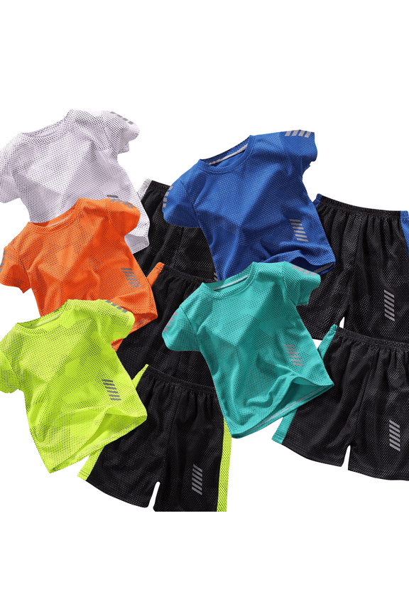 Zwiiyzr 5 Pack Boys Girls Summer Solid Color Short Sleeve Shorts Set 2 Piece Outfit Athletic Running Sportswear Quick Dry Elastic Waist