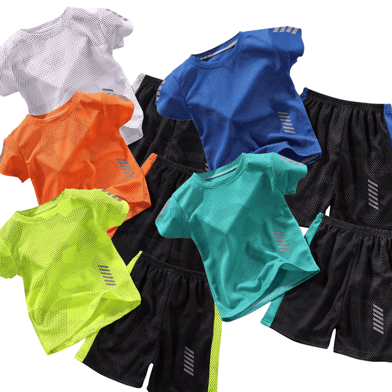 Zwiiyzr 5 Pack Boys Girls Summer Solid Color Short Sleeve Shorts Set 2 Piece Outfit Athletic Running Sportswear Quick Dry Elastic Waist