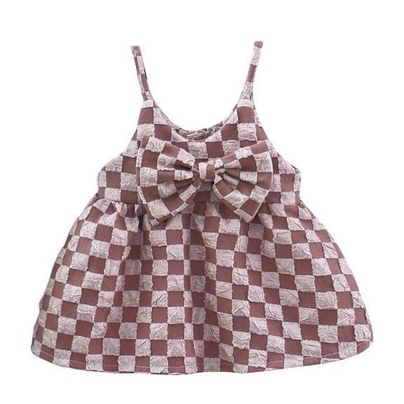 Zwiiyzr 6M-3T Infant Baby Girls Spaghetti Strap Plaid Bowknot Smocking Dress Coffee