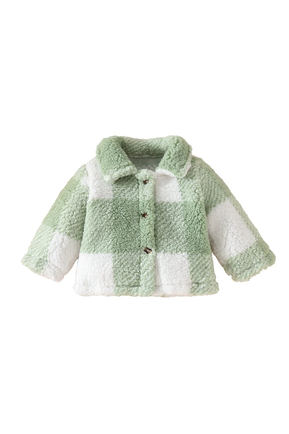 6M-3Y Girls Coat Winter Warm Outerwear Fleece Plaid Print Drop Shoulder Teddy Jacket Button Front Fall Jacket Green