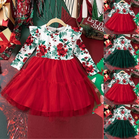 Zwiiyzr 6M-7Y Girls Long Sleeve Dress New Christmas Round Neck Princess Rose Print High Waist A Line Short Dress Green