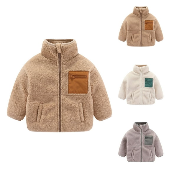 Zwiiyzr Baby Boys Girls Toddler Fleece Jacket Kids Toddler Sherpa Stand Collar Zip Up Thicked Warm Coat Winter Outerwear 2-8Y Beige