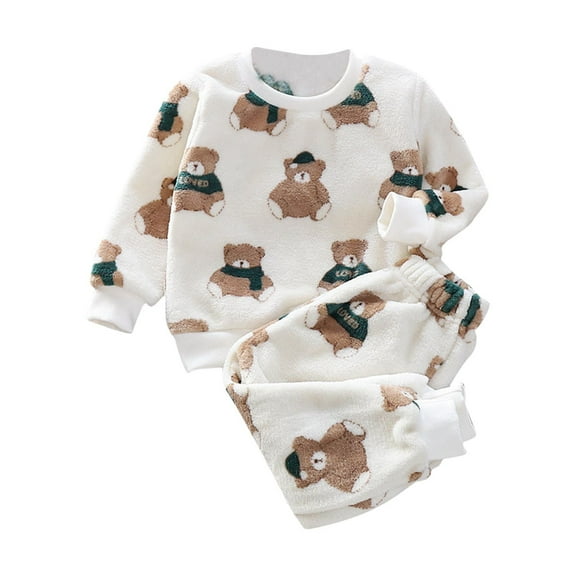 Zwiiyzr Baby Clothes Girls Boys Flannel Sleepwear Set Cartoon Two Piece Fleece Pajamas Kids Fall Winter Long Sleeve Pajamas Loungewear 1-7 Years Beige