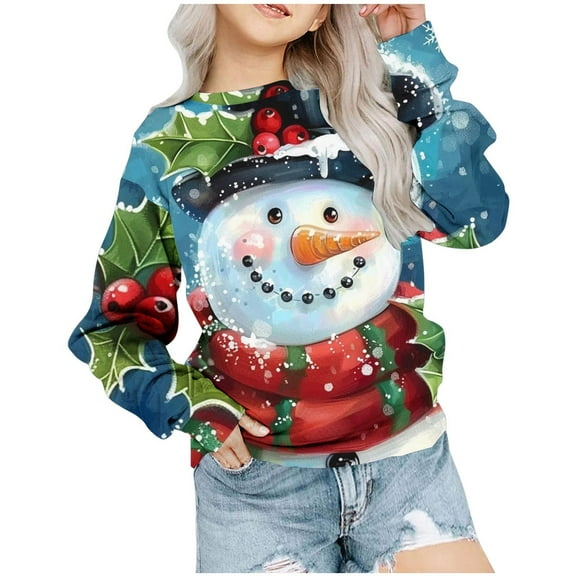 Zwiiyzr Baby Clothes Shirt Long Sleeved Christmas Pattern T-Shirt Round Neck Short Top Suitable for Boys and Girls Aged 1-12 T-Shirts Blue