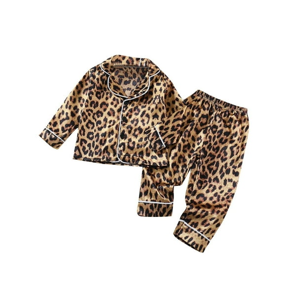 Zwiiyzr Baby Clothing Set Satin Pajamas Leopard Print Clothing Button Down Fall Winter Long Sleeve Clothing for Boys Girls 3-18 Months Brown