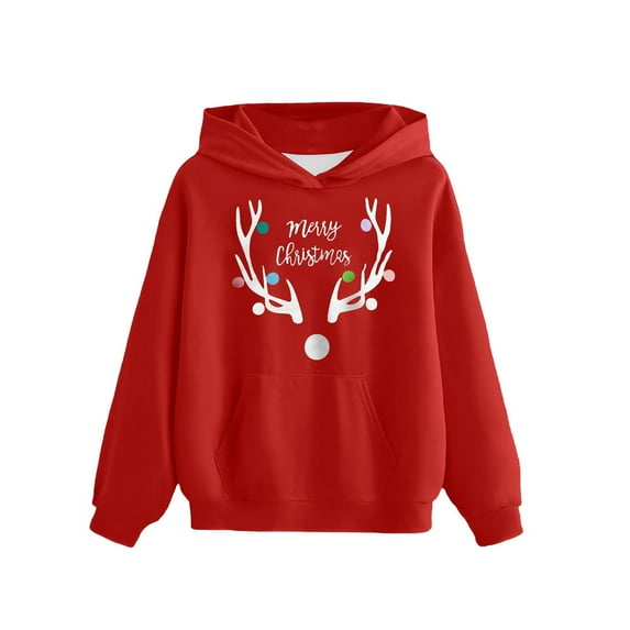Zwiiyzr Boys Girls Christmas Pullover Hoodies Teen Long Sleeve Sweatshirts Pullover for Children Kids 4-14 Years with Pocket Red