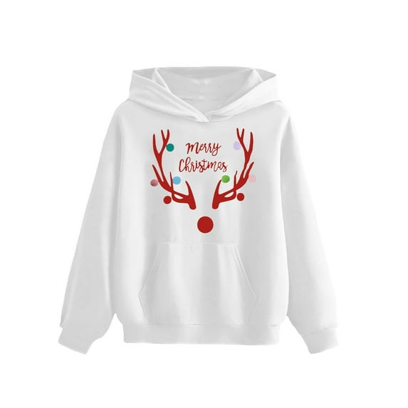 Zwiiyzr Boys Girls Christmas Pullover Hoodies Teen Long Sleeve Sweatshirts Pullover for Children Kids 4-14 Years with Pocket White