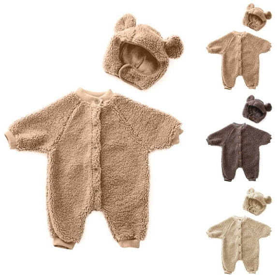 Zwiiyzr Cotton Baby Romper Newborn Fuzzy Fluffy Baby Clothes Long Sleeve Fleece Outfit for Boy and Girls with Warm Hat Set 0-18M Beige