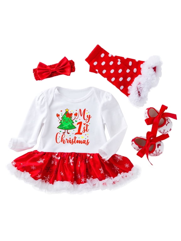 My First Christmas Outfit Newborn Infant Toddler Baby Girls Baby'S Bodysuit Long Sleeve Romper Princess Letter Tutu Dress Four Piece Set Clothes Outfits Baby Winter Clothes Green