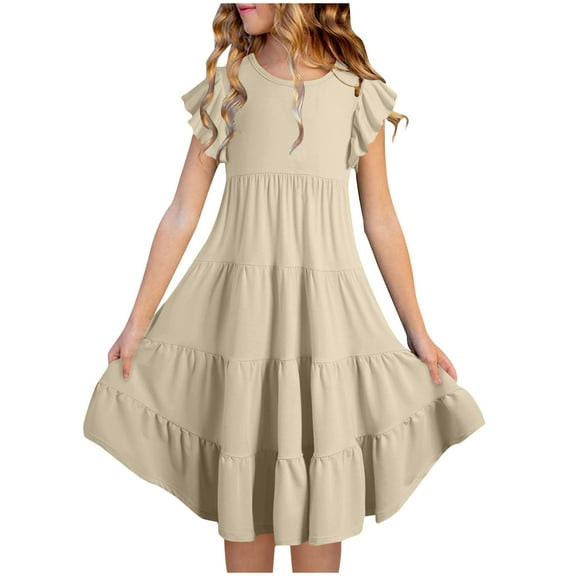 Zwiiyzr Girl 2024 Summer Boho Sun Dress Ruffle Short Sleeve Round Neck Pockets Swing Tiered Dresses Size 6-15 Years Khaki