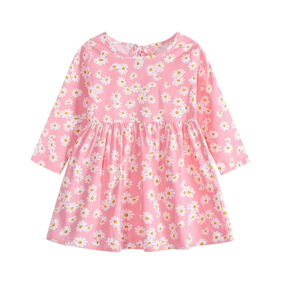 Zwiiyzr Girl Long Sleeve Dress Ruffle Floral Cotton Casual Tiered Pleated A Line Twirly Skater Dress 6 Months-3 Years Pink