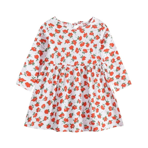 Zwiiyzr Girl Long Sleeve Dress Ruffle Floral Cotton Casual Tiered Pleated A Line Twirly Skater Dress 6 Months-3 Years Red