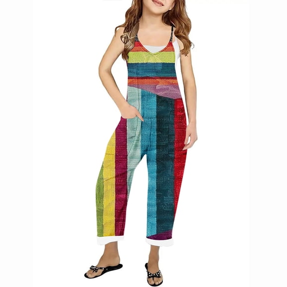 Zwiiyzr Girl's Casual Sleeveless Jumpsuits Spaghetti Straps Harem Long Overalls with Pockets 5-14Y Multicolor