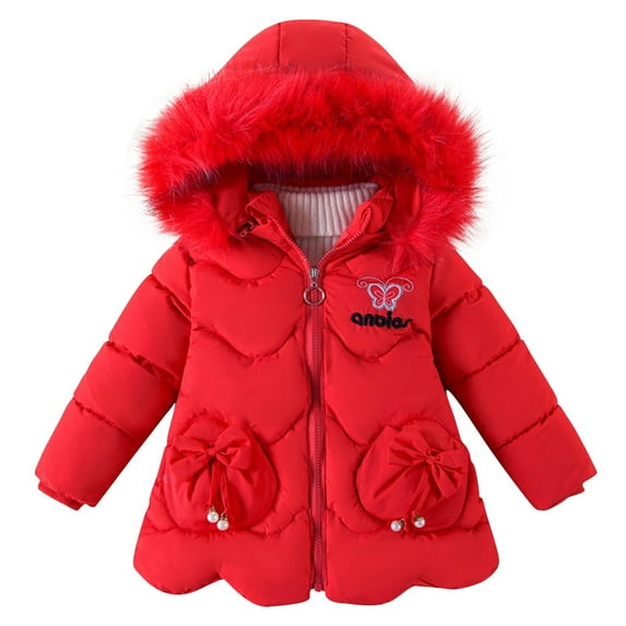 Zwiiyzr Girl's Fleece Lined Long Coat Waterproof Winter Jacket Detachable Hat Kids Solid Color Outerwear Warm Parka Jacket Winter Coat 3-8 Years Red