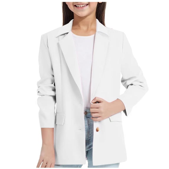 Zwiiyzr Girls Blazer for Girls Long Sleeve Turndown Neck Formal Jacket Pocket Top for Kids White