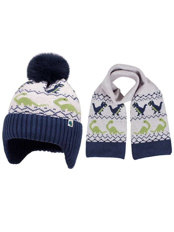 Kids Winter Hat Scarf Set Dinosaur Print Knit Beanie with Ear Flaps Fleece Lined 2-Piece Set for 1-5 Years